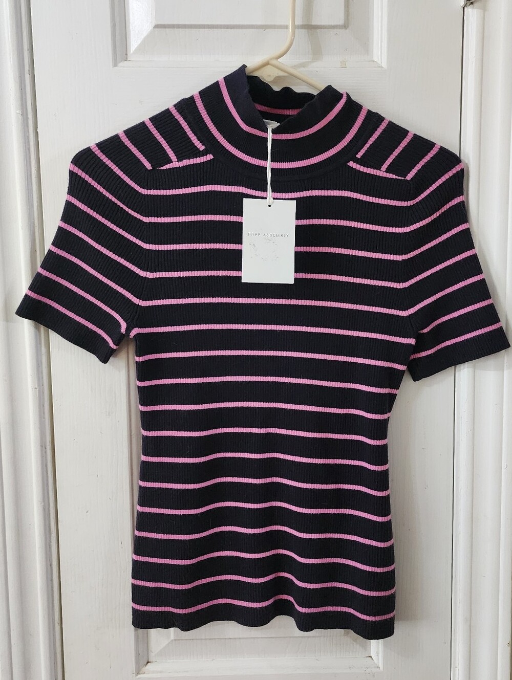 Striped Mock Neck Short Sleeve Top in Black and Pink